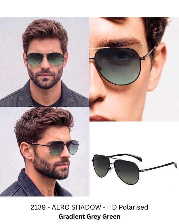2139 - AERO SHADOW - HD Polarised Sunglasses for Men - UV400 Protection, Stainless Steel Frame - Gradual Grey Green