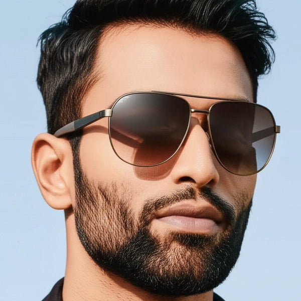 2148 - EBON OCTAGON - HD Polarised Sunglasses for Men - UV400 Protection, Stainless Steel Frame - Gradual Brownish