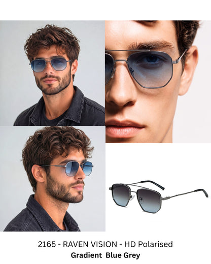 THE MEN THING Sunglasses 2165 - RAVEN VISION - HD Polarised Sunglasses for Men - UV400 Protection, Stainless Steel Frame - Gradient  Blue Grey