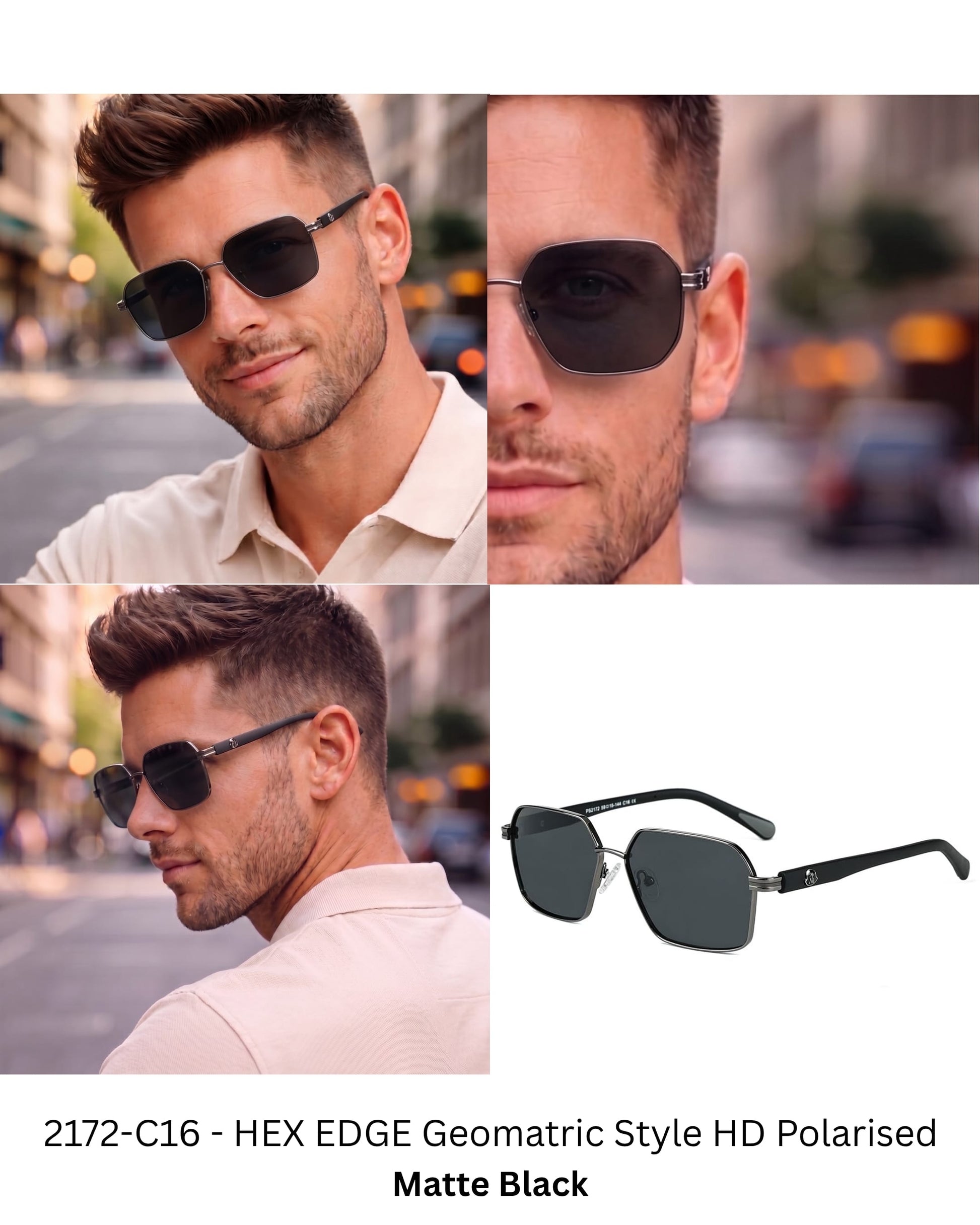 THE MEN THING Sunglasses 2172 HEX EDGE -  Geomatric Style - HD Polarised Sunglasses for Men - UV400 Protection, Stainless Steel Frame