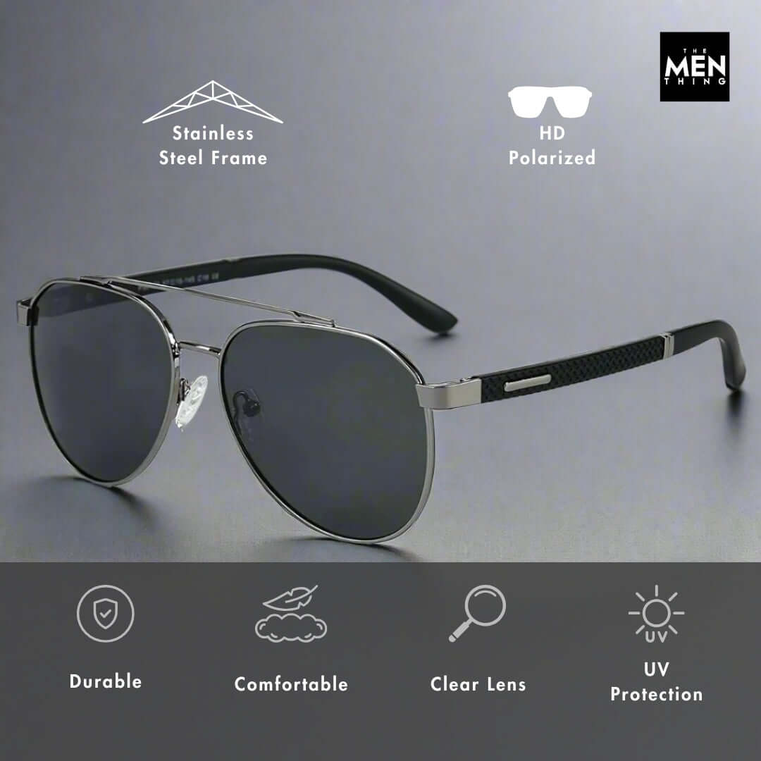 2173 STEALTH PILOT Aviator Style HD Polarised Sunglasses for Men UV400 Protection, Stainless Steel Frame