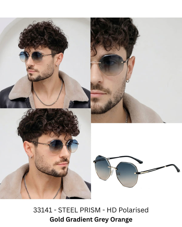33141 - STEEL PRISM - HD Polarised Sunglasses for Men - UV400 Protection, Stainless Steel Frame - Gold Gradient Grey Orange