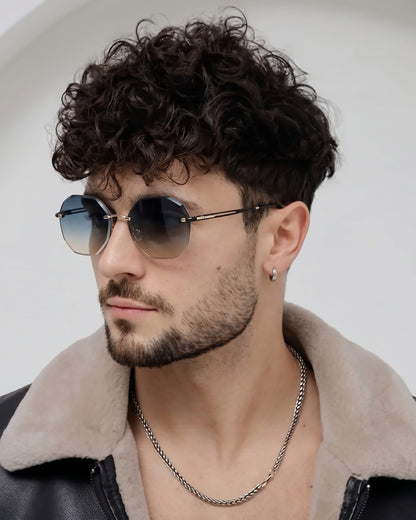 THE MEN THING Sunglasses 33141 - STEEL PRISM - HD Polarised Sunglasses for Men - UV400 Protection, Stainless Steel Frame - Gold Gradient Grey Orange