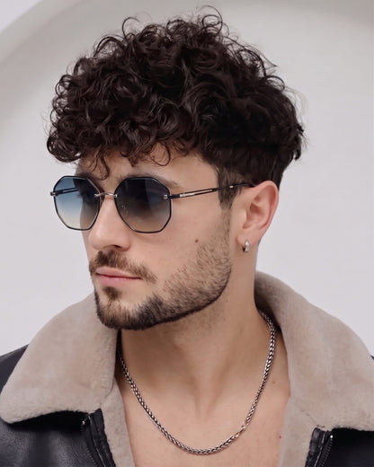 THE MEN THING Sunglasses 33141 - STEEL PRISM - HD Polarised Sunglasses for Men - UV400 Protection, Stainless Steel Frame - Silver Gradient Grey