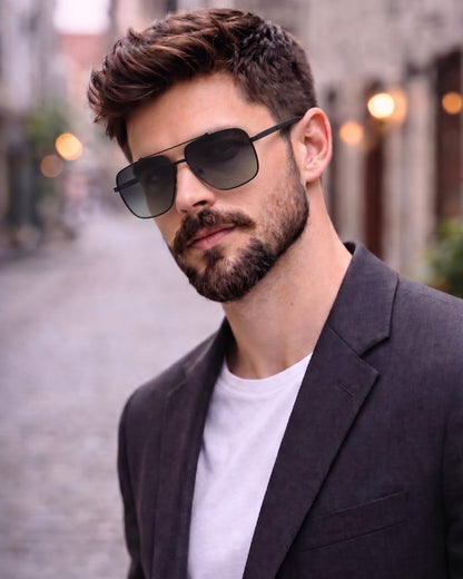 THE MEN THING Sunglasses Gradient Gray-Green Lense 2109 SHADOW LUXE -  Double Bridge Aviator Style - HD Polarised Sunglasses for Men - UV400 Protection, Stainless Steel Frame