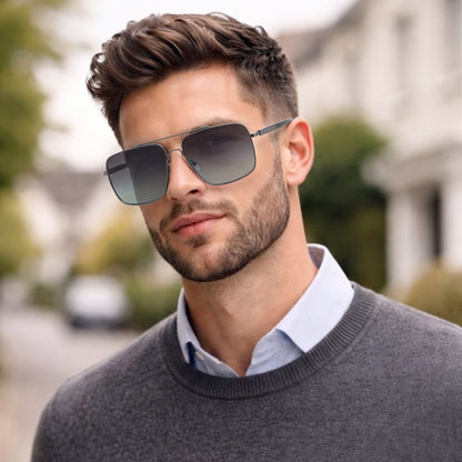 THE MEN THING Sunglasses Gradient Grey 2121 SKYLINE LUXE -  Classic Square Aviator Style - HD Polarised Sunglasses for Men - UV400 Protection, Stainless Steel Frame