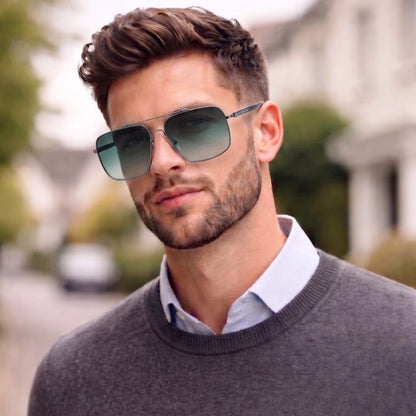 THE MEN THING Sunglasses Gradient Grey Green 2121 SKYLINE LUXE -  Classic Square Aviator Style - HD Polarised Sunglasses for Men - UV400 Protection, Stainless Steel Frame