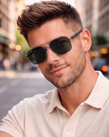 THE MEN THING Sunglasses Green Grey 2172 HEX EDGE -  Geomatric Style - HD Polarised Sunglasses for Men - UV400 Protection, Stainless Steel Frame