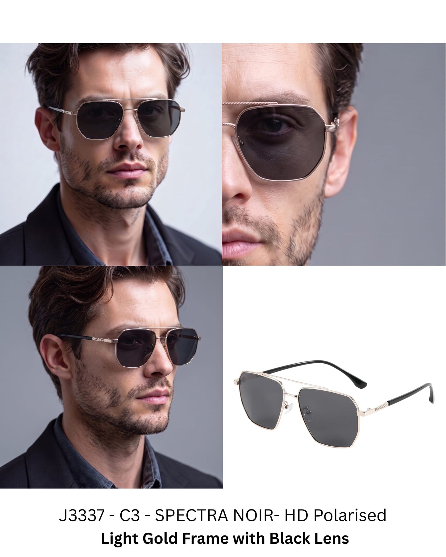 THE MEN THING Sunglasses J3337- SPECTRA NOIR- HD Polarised Sunglasses for Men - UV400 Protection, Stainless Steel Frame - Light Gold Frame with Black Lens