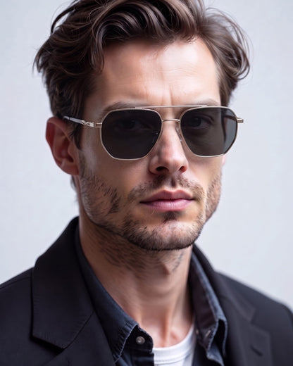 THE MEN THING Sunglasses J3337- SPECTRA NOIR- HD Polarised Sunglasses for Men - UV400 Protection, Stainless Steel Frame - Light Gold Frame with Black Lens