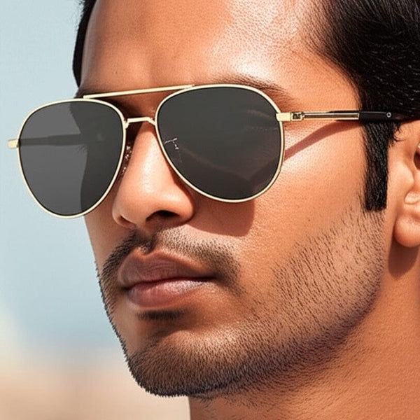 J3338 - SLATE SOAR - HD Polarised Sunglasses for Men - UV400 Protection, Stainless Steel Frame - Gold Frame with Black Lens