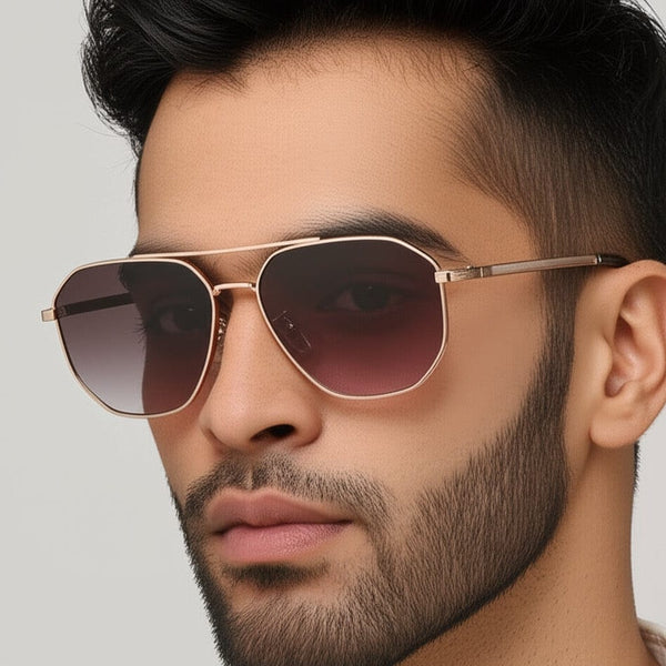 J3347 - AMBER LUXE - HD Polarised Sunglasses for Men - UV400 Protection, Stainless Steel Frame - Gold Frame with Gradient Brown Lens