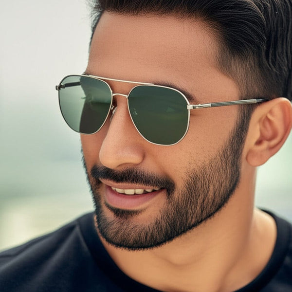 J3347 - AMBER LUXE - HD Polarised Sunglasses for Men - UV400 Protection, Stainless Steel Frame - Gunmetal Frame with Green Lens