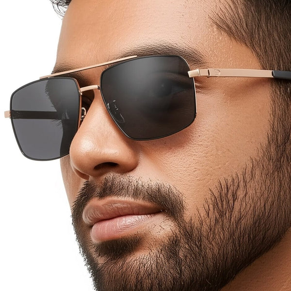 J3348 - VORTEX SHADE - HD Polarised Sunglasses for Men - UV400 Protection, Stainless Steel Frame - Gold Frame with Black Lens