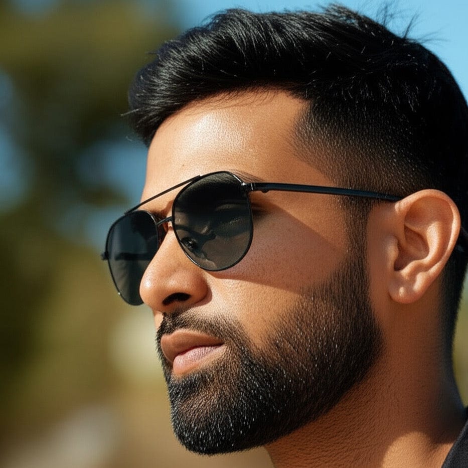 THE MEN THING Sunglasses J3352 - AETHER VISION - HD Polarised Sunglasses for Men - UV400 Protection, Stainless Steel Frame - Black Frame with Black Lens