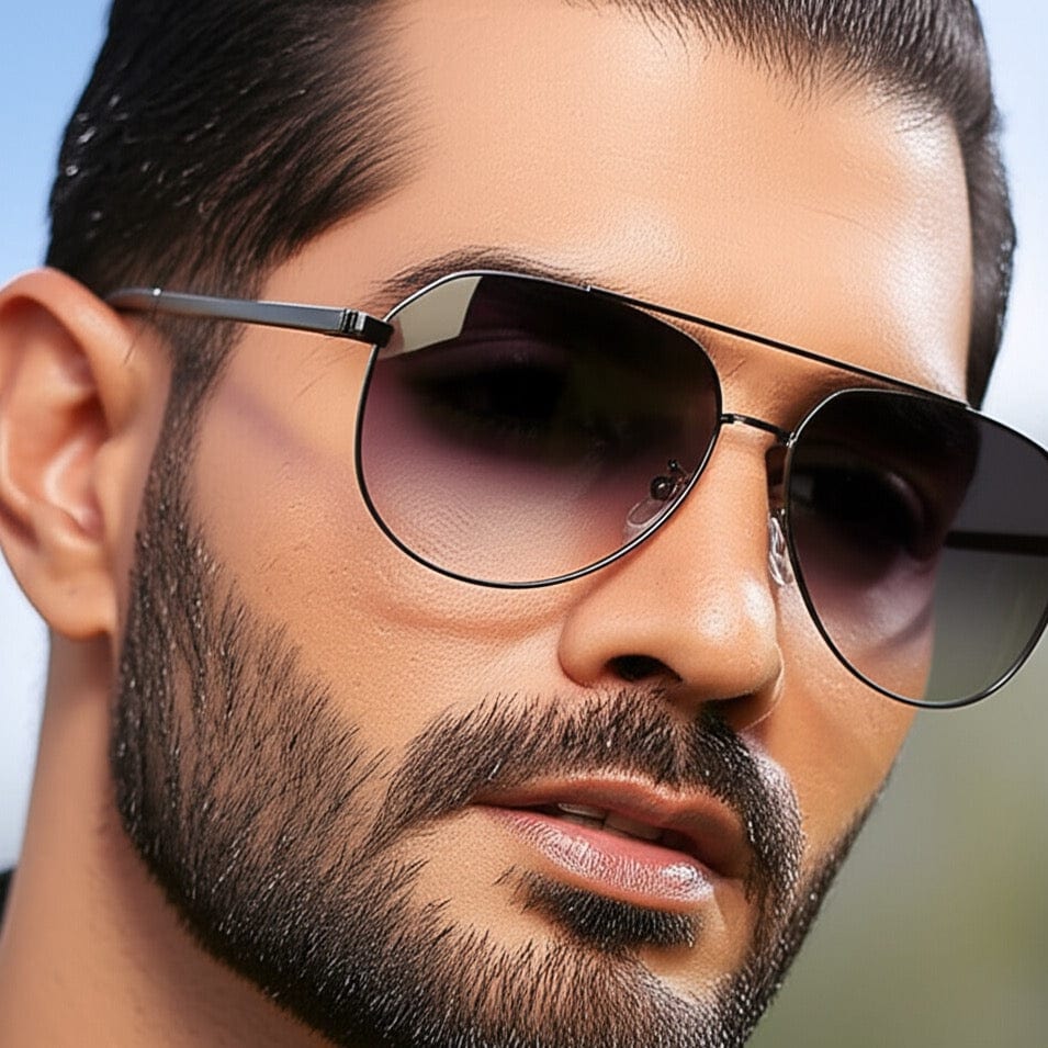 THE MEN THING Sunglasses J3352 - AETHER VISION - HD Polarised Sunglasses for Men - UV400 Protection, Stainless Steel Frame - Black Frame with Gradient Grey Lens