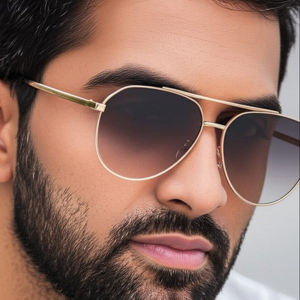 J3352 - AETHER VISION - HD Polarised Sunglasses for Men - UV400 Protection, Stainless Steel Frame - Gold Frame with Gradient Tea Lens