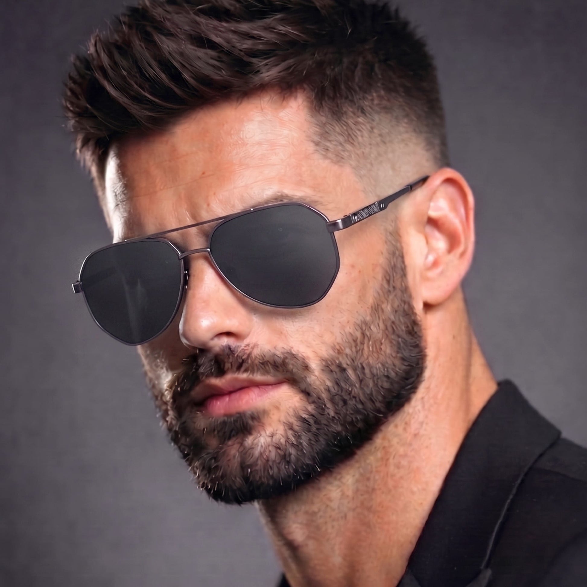 THE MEN THING Sunglasses Matt Black Grey 2107 SOLAR CREST - Aviator Style - HD Polarised Sunglasses for Men - UV400 Protection, Stainless Steel Frame