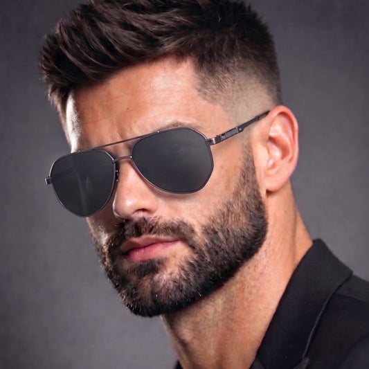 THE MEN THING Sunglasses Matt Black Grey 2107 SOLAR CREST - Aviator Style - HD Polarised Sunglasses for Men - UV400 Protection, Stainless Steel Frame