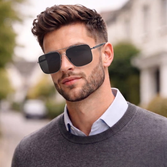 THE MEN THING Sunglasses Matte Black 2121 SKYLINE LUXE -  Classic Square Aviator Style - HD Polarised Sunglasses for Men - UV400 Protection, Stainless Steel Frame