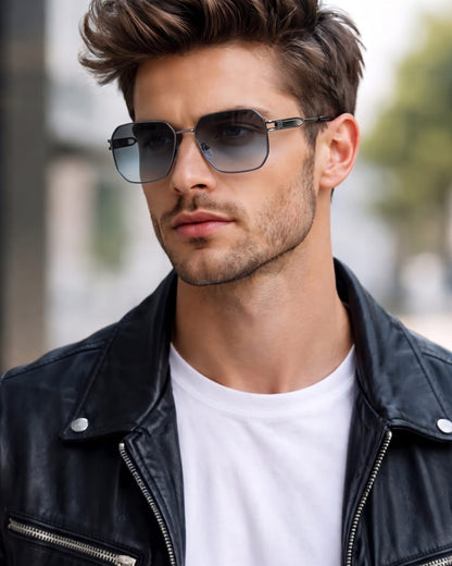 THE MEN THING Sunglasses Silver Gradient Grey Blue 33155 - GRAPHITE LUXE - HD Polarised Sunglasses for Men - UV400 Protection, Stainless Steel Frame