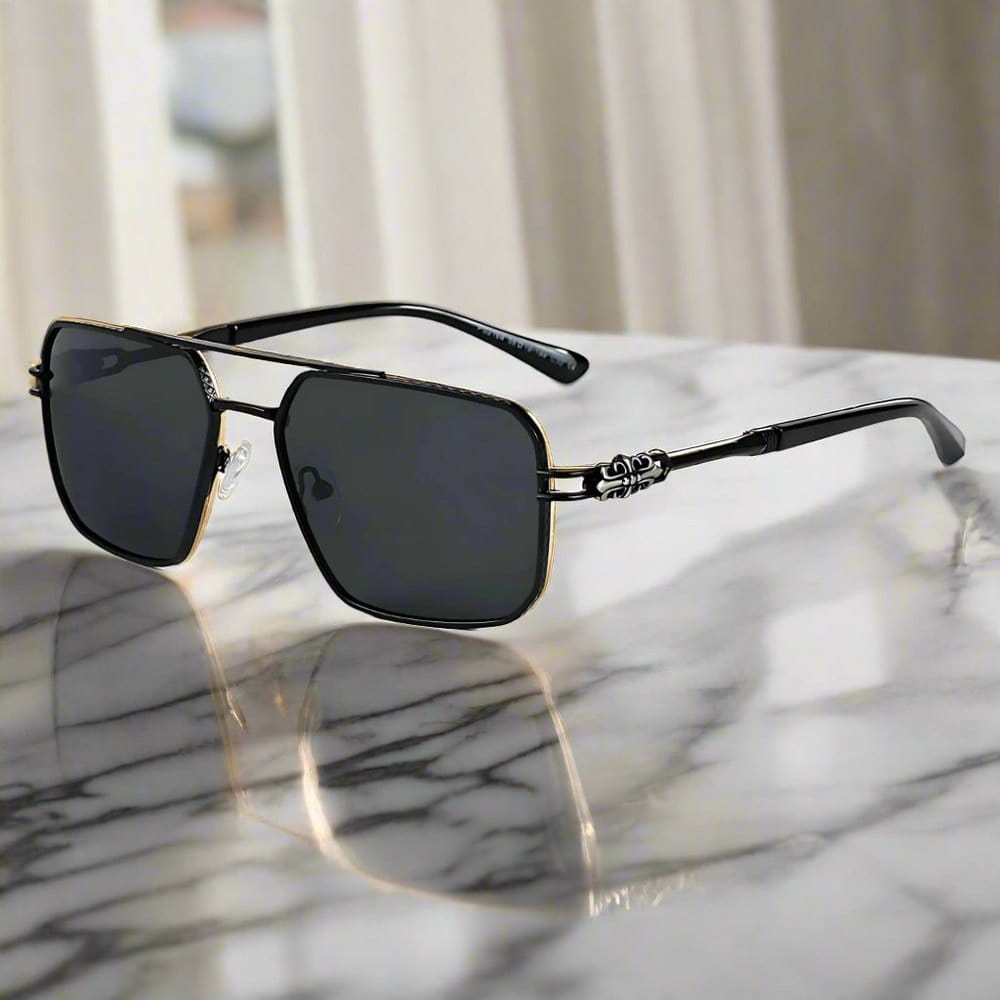 THE MEN THING Sunglasses Solid Black 2164 HERITAGE - Square Aviator  Style - HD Polarised Sunglasses for Men - UV400 Protection, Stainless Steel Frame