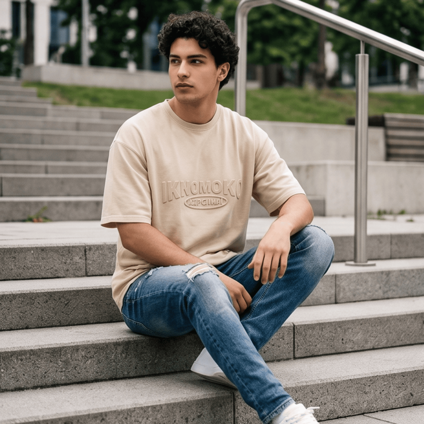 THE MEN THING T-Shirt IVORY EMBOSS Oversized T-Shirt - Beige