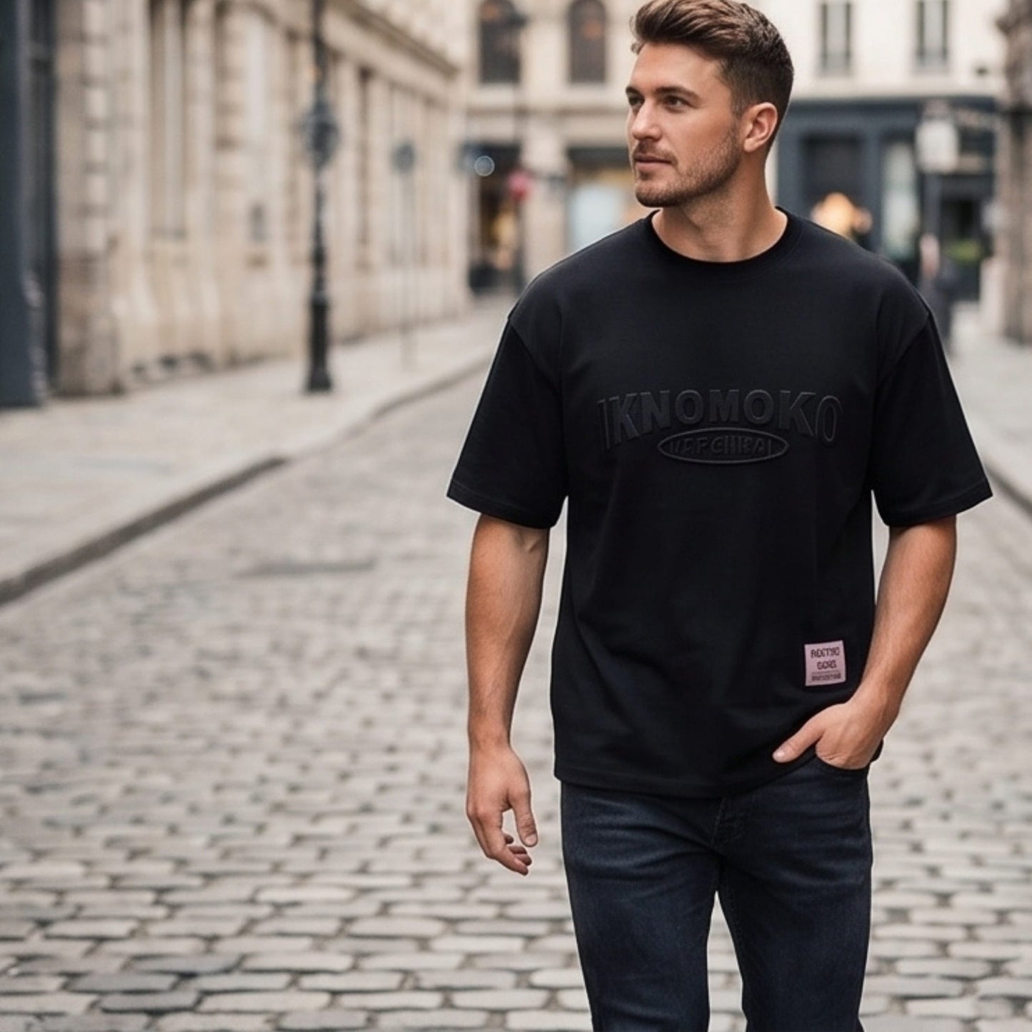 THE MEN THING T-Shirt IVORY EMBOSS Oversized T-Shirt - Black