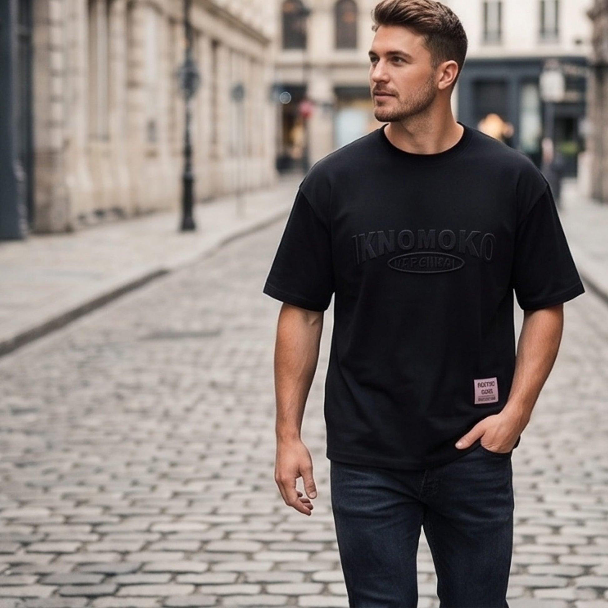 THE MEN THING T-Shirt IVORY EMBOSS Oversized T-Shirt - Black