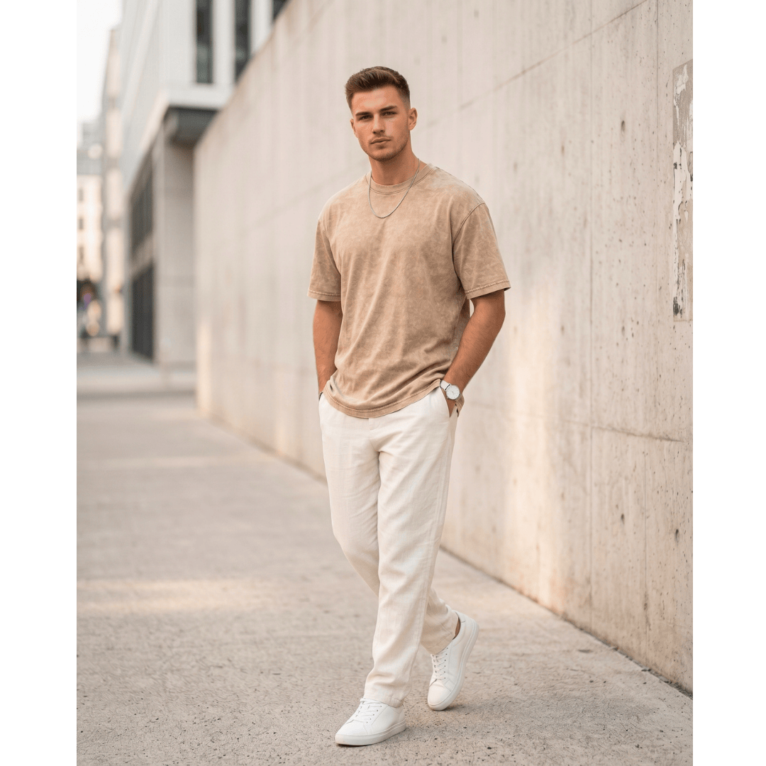THE MEN THING T-Shirt Smoke Acid Wash Oversized T-Shirt - Beige