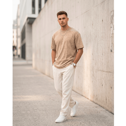 THE MEN THING T-Shirt Smoke Acid Wash Oversized T-Shirt - Beige