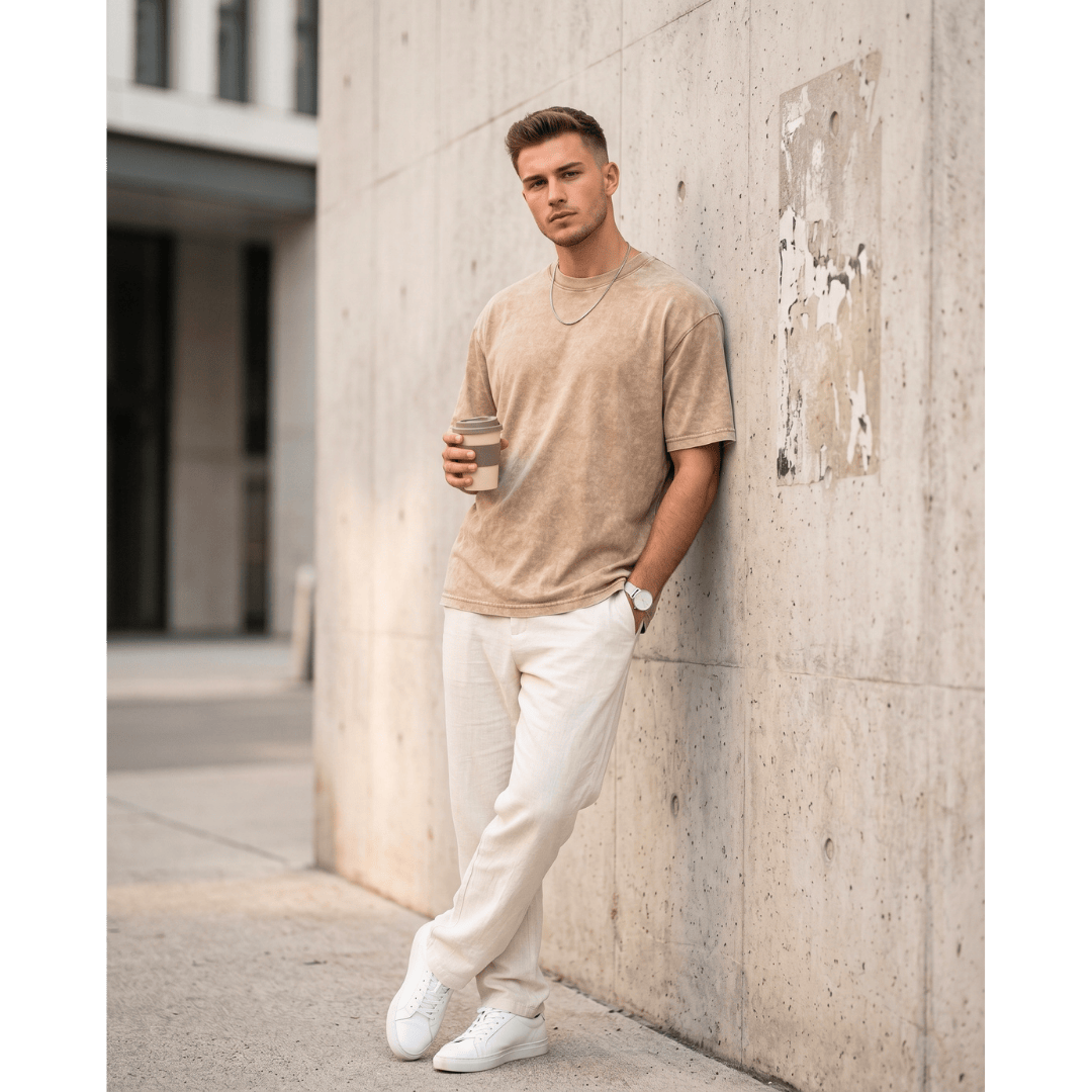 THE MEN THING T-Shirt Smoke Acid Wash Oversized T-Shirt - Beige