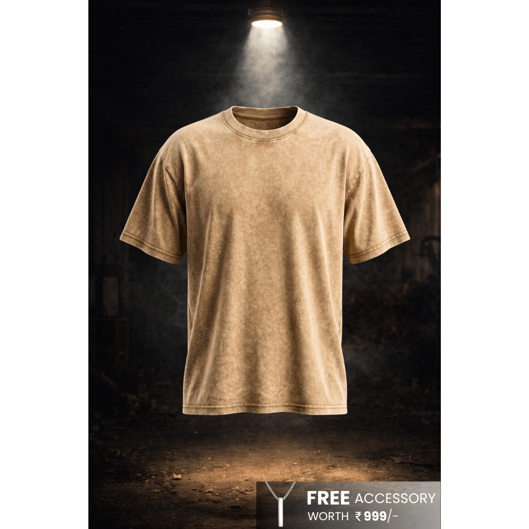 THE MEN THING T-Shirt Smoke Acid Wash Oversized T-Shirt - Beige