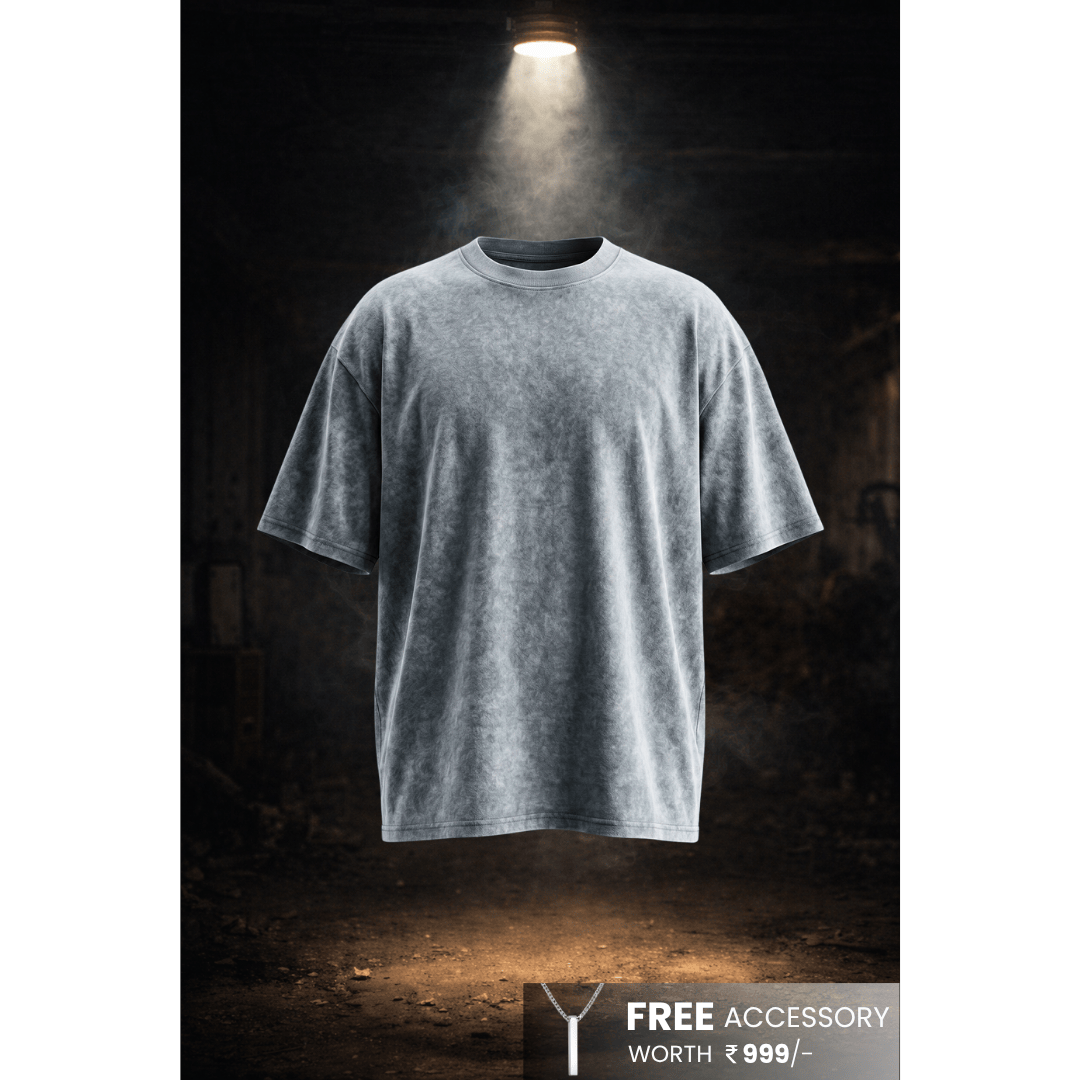 THE MEN THING T-Shirt Smoke Acid Wash Oversized T-Shirt - Light Gray