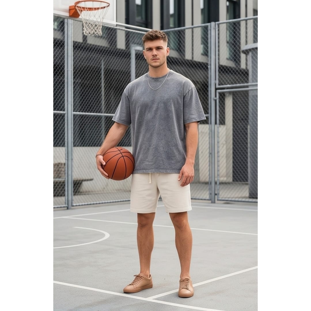 THE MEN THING T-Shirt Smoke Acid Wash Oversized T-Shirt - Light Gray