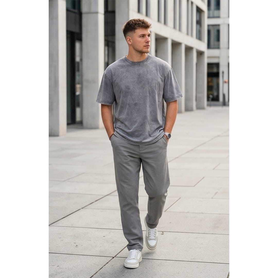 THE MEN THING T-Shirt Smoke Acid Wash Oversized T-Shirt - Light Gray