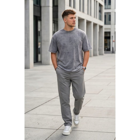 THE MEN THING T-Shirt Smoke Acid Wash Oversized T-Shirt - Light Gray