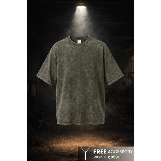 THE MEN THING T-Shirt Smoke Acid Wash Oversized T-Shirt - Olive Green
