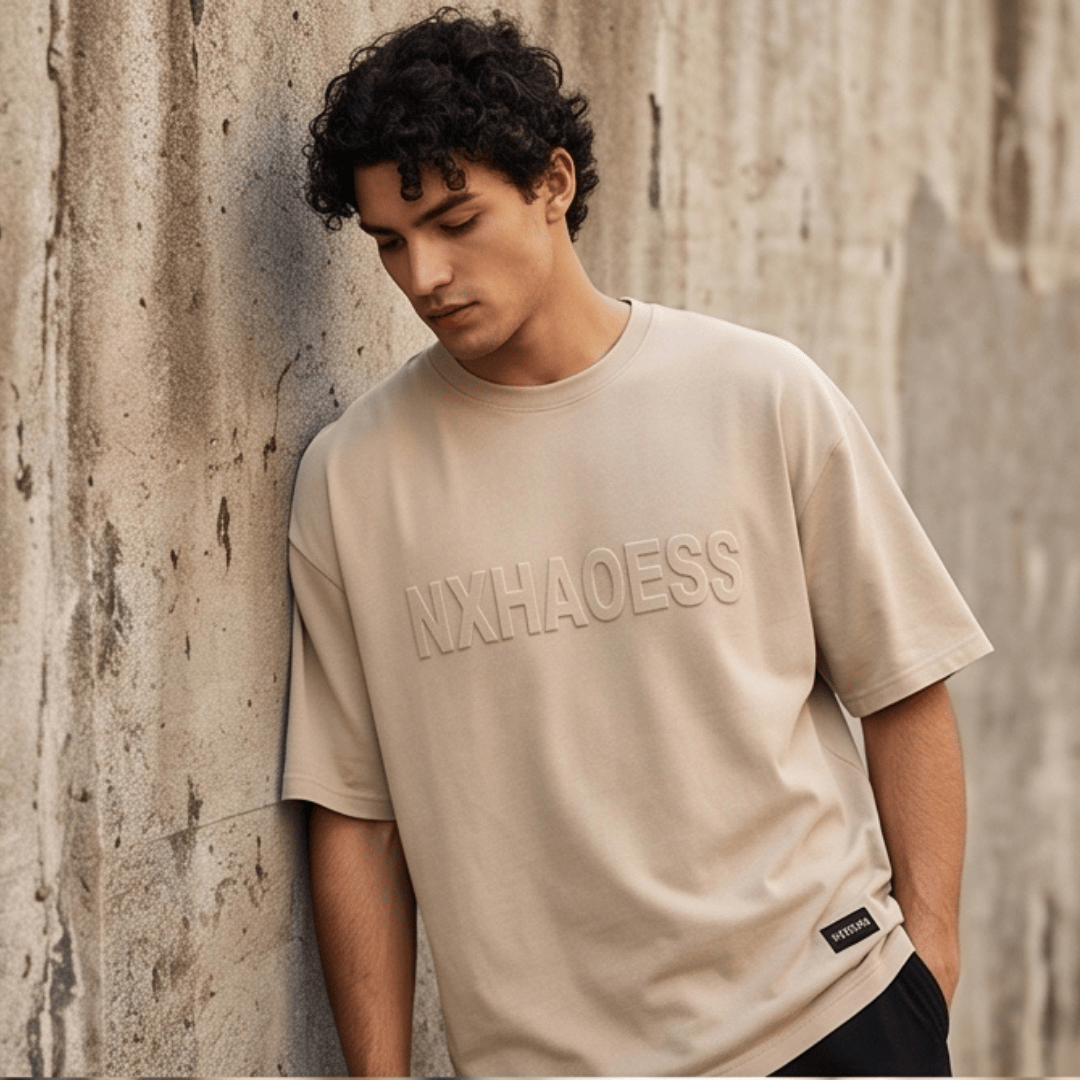 THE MEN THING T-Shirt TONAL EMBOSSED Oversized T-Shirt - Beige