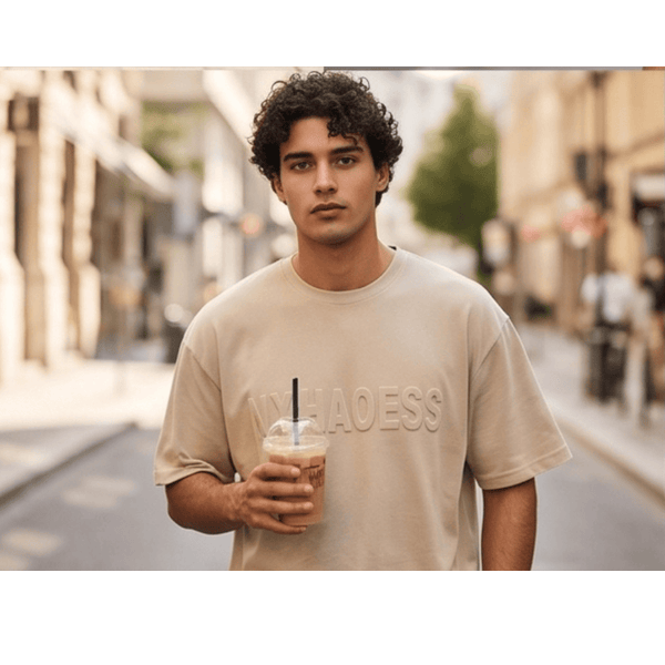 TONAL EMBOSSED Oversized T-Shirt - Beige