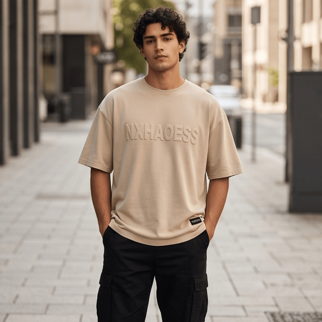 THE MEN THING T-Shirt TONAL EMBOSSED Oversized T-Shirt - Beige