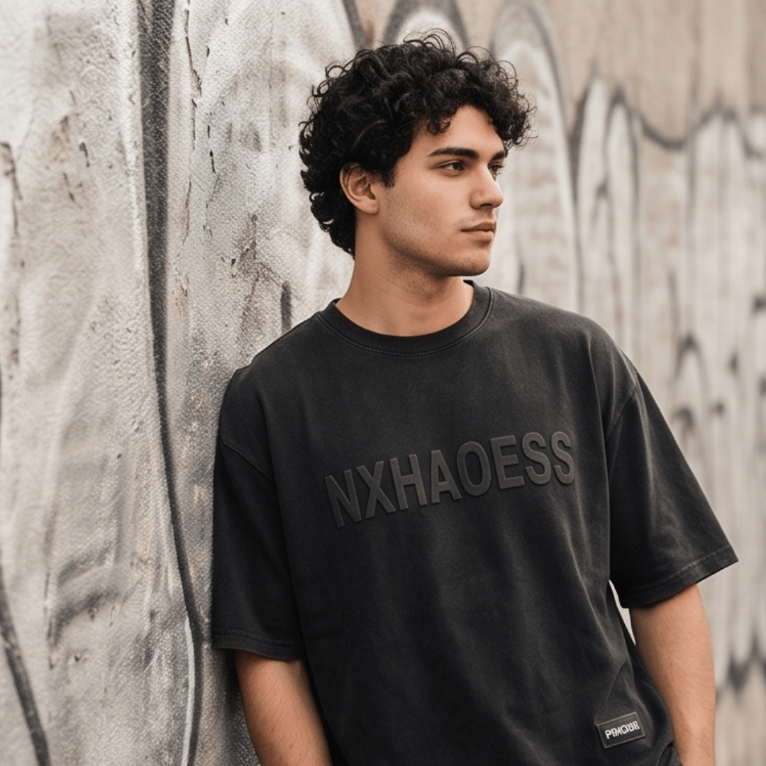 THE MEN THING T-Shirt TONAL EMBOSSED Oversized T-Shirt - Black
