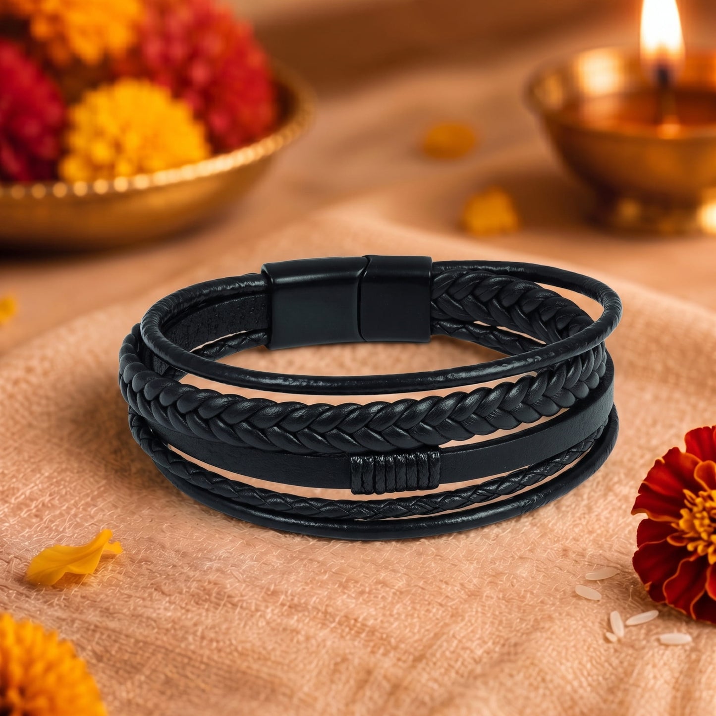 THE MEN THING The Perfect Rakhi Gift For Every Brother – ADRONIX BLACK - Premium Genuine Leather Bracelet With Timeless Style (8 Inch)