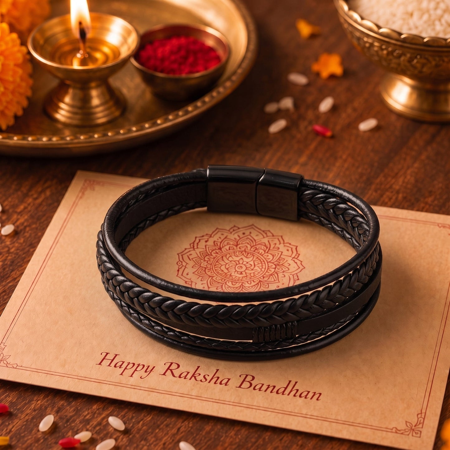 THE MEN THING The Perfect Rakhi Gift For Every Brother – ADRONIX BLACK - Premium Genuine Leather Bracelet With Timeless Style (8 Inch)