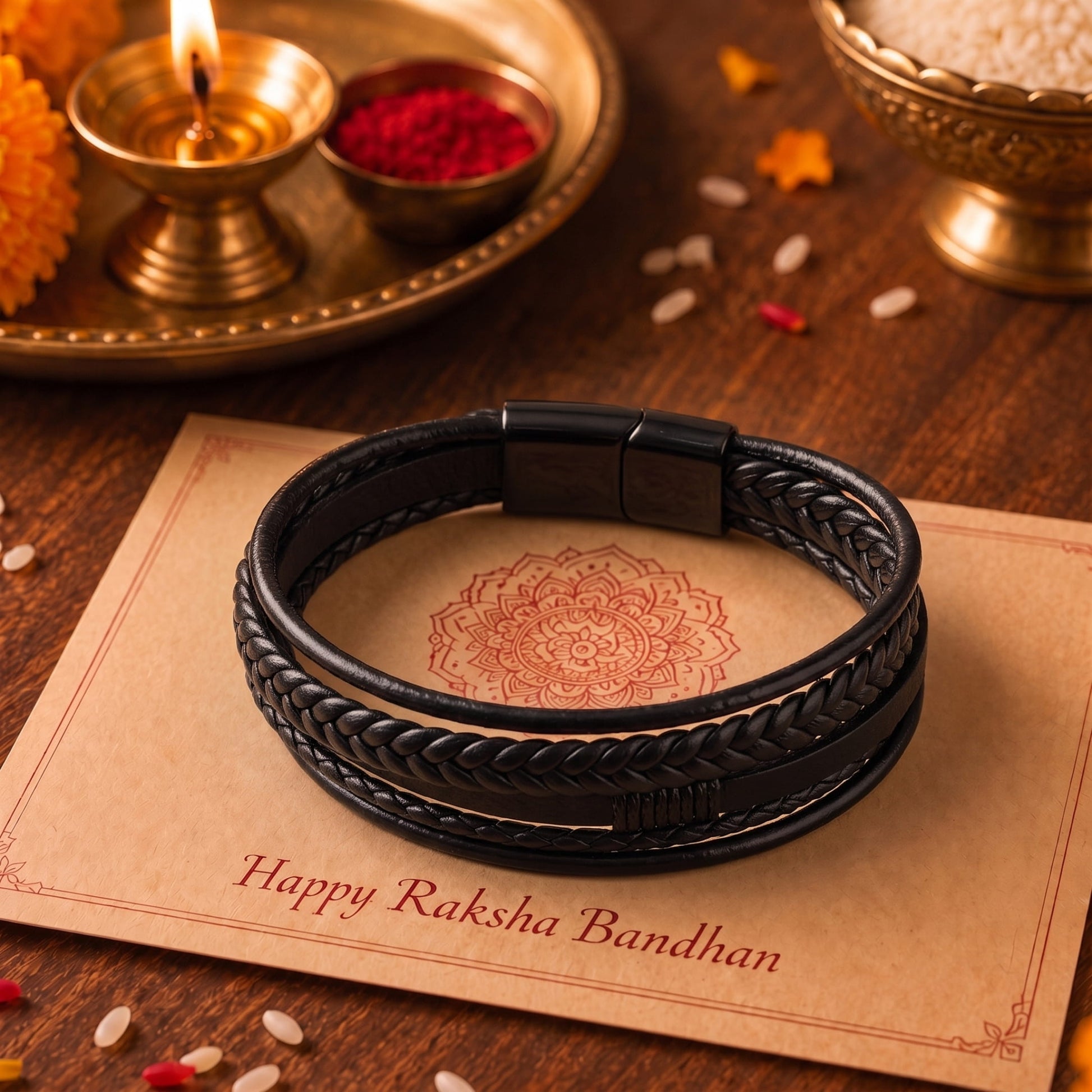 THE MEN THING The Perfect Rakhi Gift For Every Brother – ADRONIX BLACK - Premium Genuine Leather Bracelet With Timeless Style (8 Inch)