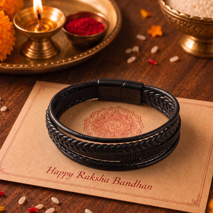 THE MEN THING The Perfect Rakhi Gift For Every Brother – ADRONIX BLACK - Premium Genuine Leather Bracelet With Timeless Style (8 Inch)