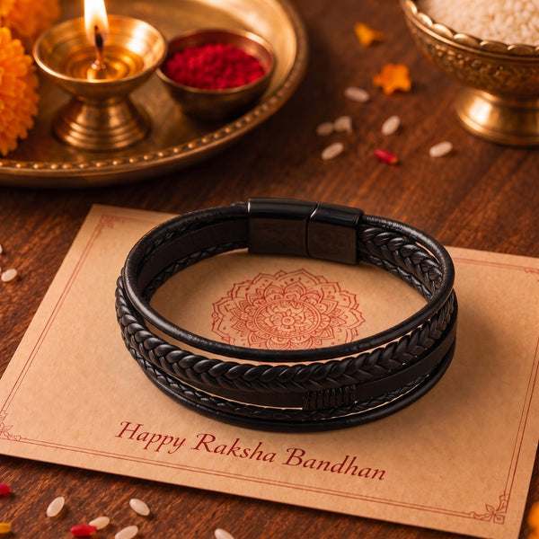 The Perfect Rakhi Gift For Every Brother – ADRONIX BLACK - Premium Genuine Leather Bracelet With Timeless Style (8 Inch)