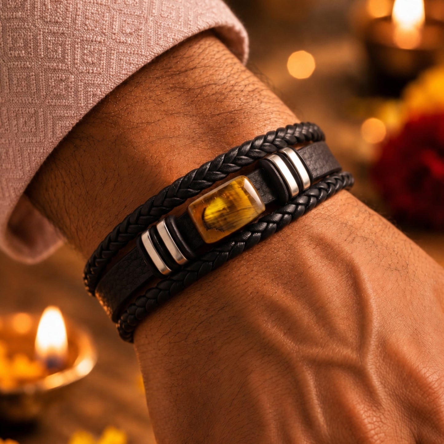 THE MEN THING The Perfect Rakhi Gift For Every Brother – AMBER CORE - Premium Genuine Leather Bracelet With Timeless Style (8 Inch)