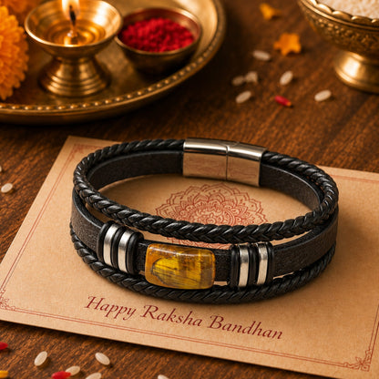 THE MEN THING The Perfect Rakhi Gift For Every Brother – AMBER CORE - Premium Genuine Leather Bracelet With Timeless Style (8 Inch)
