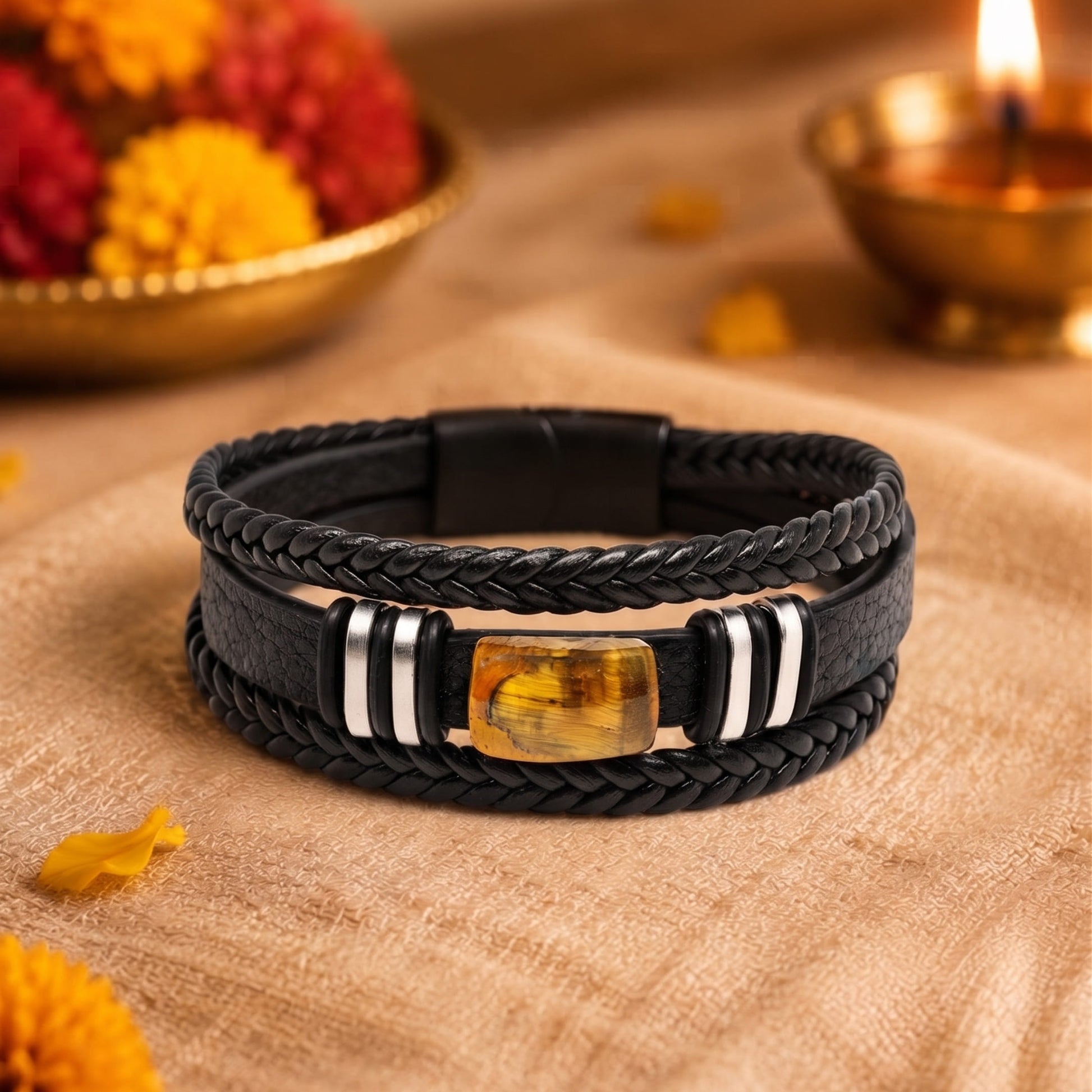THE MEN THING The Perfect Rakhi Gift For Every Brother – AMBER CORE - Premium Genuine Leather Bracelet With Timeless Style (8 Inch)